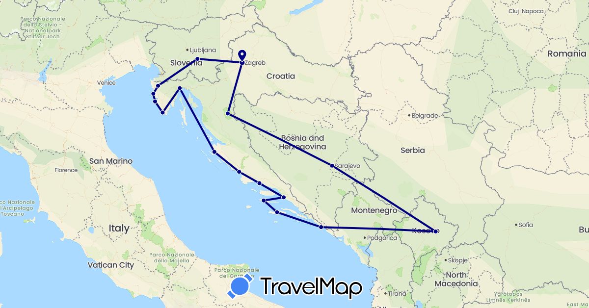 TravelMap itinerary: driving in Bosnia and Herzegovina, Croatia, Slovenia, Kosovo (Europe)